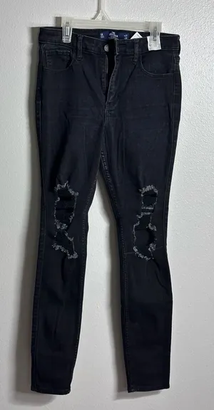 Hollister Women Black Denim Jeans High Rise‎ Super Skinny Ripped size 5R. thumbnail 1
