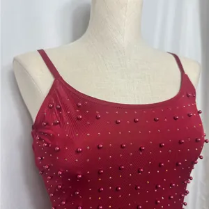 Elegant Red Beaded Dress bodycon party Valentines dark ruby spaghetti strap S thumbnail 3