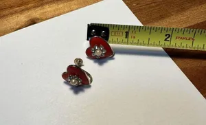 Vintage Coro Red Enamel Heart Rhinestone Screw On Non Pierced Earrings thumbnail 5