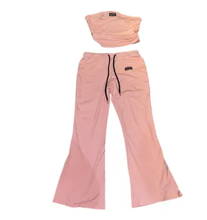 Y2K baddie baby pink bandeau crop top flare pants set thumbnail 3