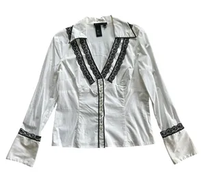 Lace Button Down Collared Top Y2K Office Siren Contemporary Preppy Professional thumbnail 1