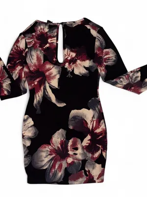 privy Black Floral Long-Sleeve Dress with Burgundy and Cream Blooms thumbnail 2