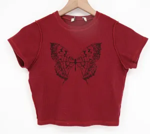 Red Butterfly Graphic Waffle Knit Crop Top Baby Tee Short Sleeve Exposed Seams S thumbnail 1