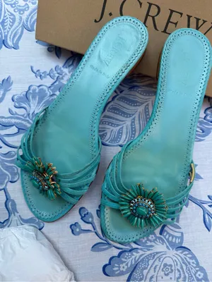 J Crew LYLA ITALIAN LEATHER SLIDES Sz 9 Fabulous Strappy Sandal Turquoise Shoes thumbnail 7