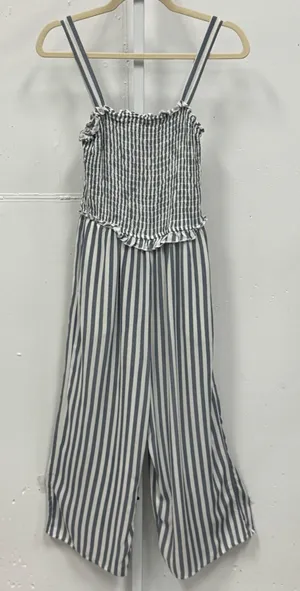 Speechless Blue White Striped Smocked Wide Leg Cropped Jumpsuit Small Resortwear thumbnail 1