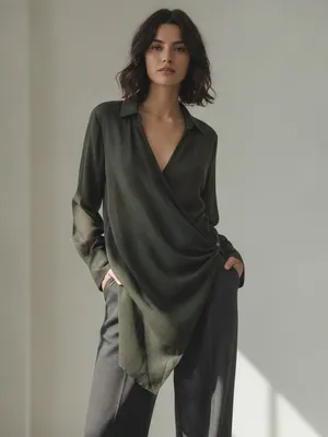 Zara Dark Green Wool Blend Draped Asymmetrical Avant Garde Long Wrap Blouse L thumbnail 12