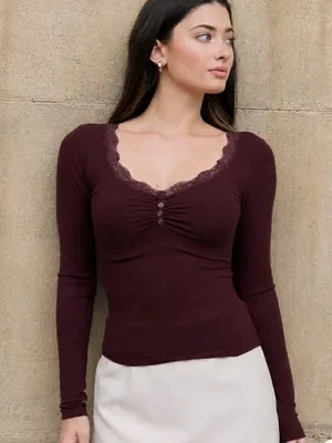 Lace Trim Ruched Long Sleeve Top - Oxblood thumbnail 3