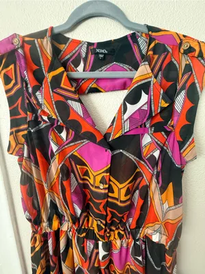 XOXO Black Mini Romper with Orange & Purple Geometric Print thumbnail 4