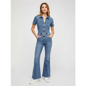 FP We The Free Jayde Flare Denim Jumpsuit Blue Zip Front Retro Romper Size L thumbnail 16