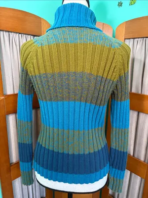 Cozy Striped Cowl Neck Sweater in Teal and Olive thumbnail 8