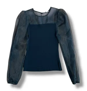 Black Sheer Puff Sleeve Top Ribbed Knit Romantic‎ Coquette Blouse L thumbnail 1