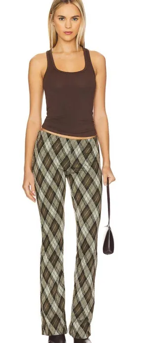 NWT Free People Chloe Plaid Flare Leg Knit Pants Small, OLIVE COMBO thumbnail 1