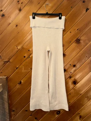 Aerie ribbed Late Night fold over flared knit pants in beige thumbnail 3