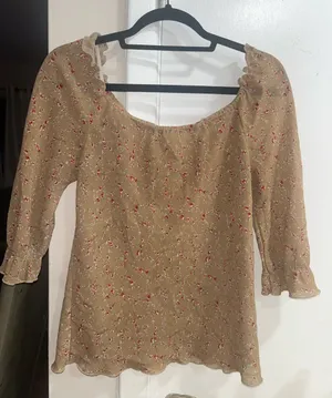 Floral Beige Off the shoulder Peasant Blouse with Ruffle Sleeves Medium thumbnail 1