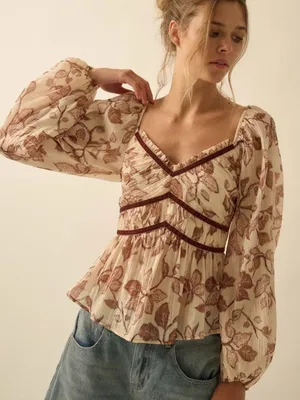 Prómesa Cream Brown Floral Puff Sleeve Babydoll Top Velvet Trim Cottage Renfaire Romance thumbnail 1