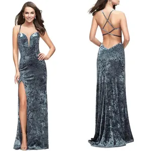 La Femme 25659 Strappy Plunging Velvet Slit Dress‎ Gown Blue Size 6 thumbnail 2