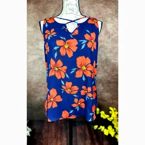 Fortune + Ivy Kason Split Neck Sleeveless Blouse Blue Red Floral L thumbnail 5