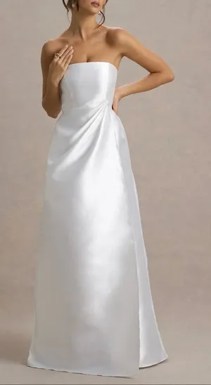 White Bandeau Split Puff-Skirt Satin Maxi Dress Bridal Special Occasion Gown thumbnail 1