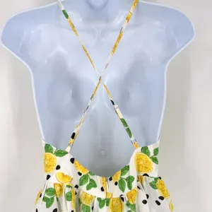 Womens Lemon Print Maxi Dress Halter Neck Size S Slit White‎ Yellow Fun Party thumbnail 4