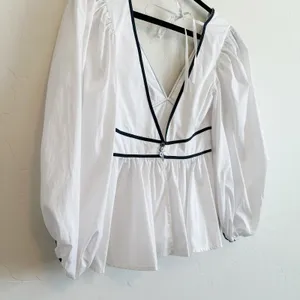 Staud | NWT Luna Contrast Peplum‎ V-Neck Open Back Top in White & Black thumbnail 4