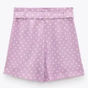 ZARA Lilac & White Polka‎ Dot High Waisted Flowy Satin Belted Paperbag Shorts XS thumbnail 7