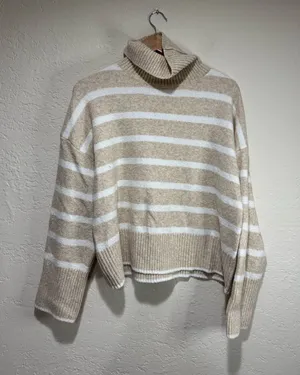Time and Tru Cream & White Striped Oversized Turtleneck Sweater - XXL thumbnail 1