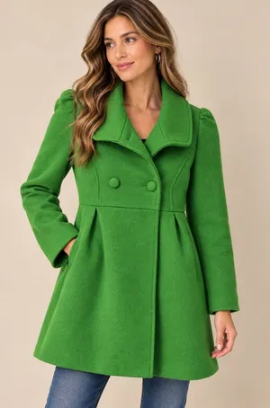 Old Navy Womens Pea Coat XS Green Wool Blend Double Breasted Pleated Puff Sleeve thumbnail 1