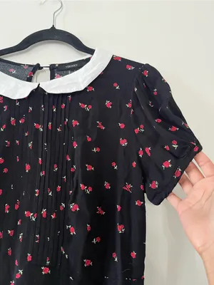Forever 21 Black Rose Print White Collar Mini Dress Small Cottagecore Romantic Going Out thumbnail 3