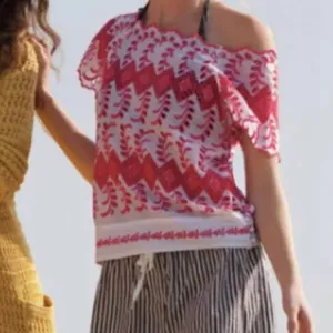Anthropologie Vanessa Virginia Embroidered White and Pink Cotton Eyelet Top S thumbnail 1