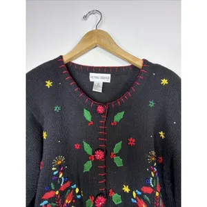 Victoria Harbour medium Embroidered Christmas Sweater Cardigan Sequin vintage thumbnail 4