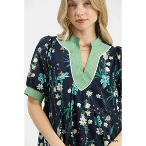 Umgee Floral Puff Sleeve Dress with Contrast‎ Trim - Navy - Large thumbnail 6