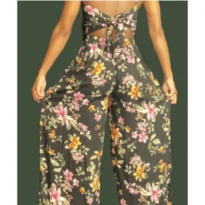 American Eagle Outfitters Black Tie Back Floral Pink Orange Jumpsuit Size L thumbnail 10