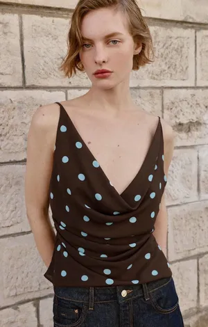Zara Brown Cowl Neck Camisole with Light Blue Polka Dots thumbnail 1