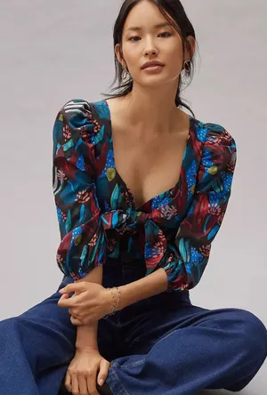 Eva Franco Tropical Sweetheart Tie‎ Front Puff Sleeve Blouse 4 Midnight Jungle thumbnail 1