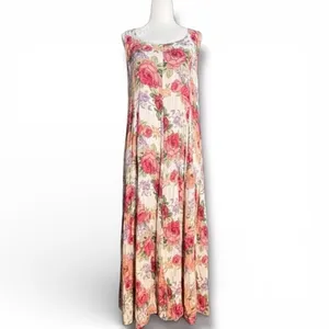 Vintage 90s Baby Pink Floral Crinkle Maxi Dress‎ Romantic Sleeveless Rayon Small thumbnail 3