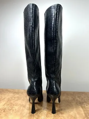 Stuart Weitzman Parton Black Croc Embossed Leather Knee High Boots Heels Size 5 thumbnail 3