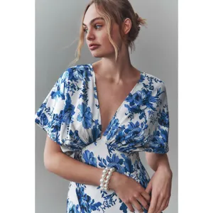 NEW BHLDN Leila Deep-V Flutter Sleeve Maxi Dress in Blue Floral Size 12 thumbnail 3