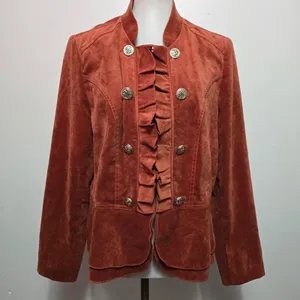 Dressbarn Jacket XL Rust Orange Faux Suede Ruffle Military Victorian Steampunk thumbnail 2