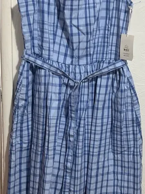 NWT Free Assembly Blue Plaid Square-Neck Midi Dress with Self-Tie Waist Size L thumbnail 4