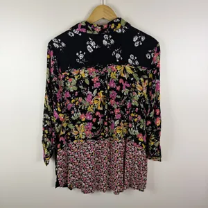 Calessa Floral Patchwork Button Down Shirt Large Multicolor Boho Maximalist Black thumbnail 5