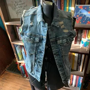 Silver distressed Bikercore normcore moto M denim vest thumbnail 2