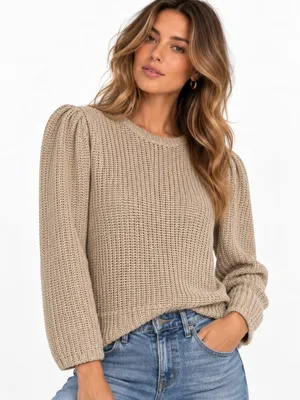 Anthropologie Sunday in Brooklyn Khaki Knit Sweater Small Puff Sleeve Neutral thumbnail 1