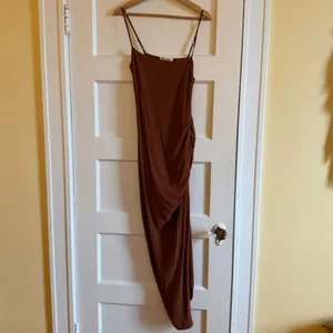 Reformation Mignon Ruched Spaghetti Strap Body Con Midi Dress in Toffee Brown thumbnail 3