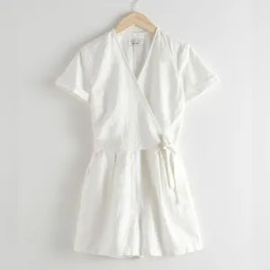 & other stories linen romper wrap tie front short sleeve playsuit pockets thumbnail 5