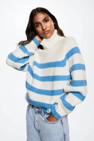 Mango Blue and White Stripe Turtleneck Sweater thumbnail 1