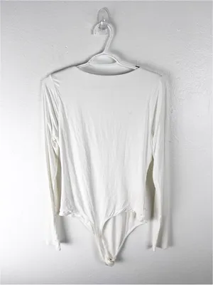 GOOD AMERICAN Cream Long Sleeves Scoop Neck Bodysuit Size Large Casual Neutral thumbnail 2