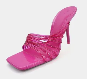 ZARA Hot Pink Rhinestone Embellished Vinyl Sequin Strappy Open Square Toe High Heels Sandals Mules thumbnail 8