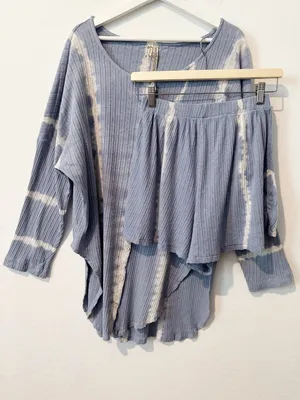 Free People Sleep Set Size XS Blue‎ Combo Rib Long Sleeve Shorts Outfit Coquette thumbnail 4