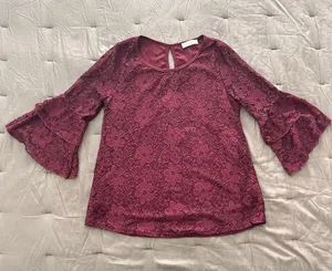 Floral Lace Bell-Sleeve Blouse in Maroon thumbnail 1