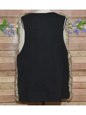 Brown Faux Fur Vest Womens L Black Sweater Knit Back Boho Western Open Front thumbnail 7